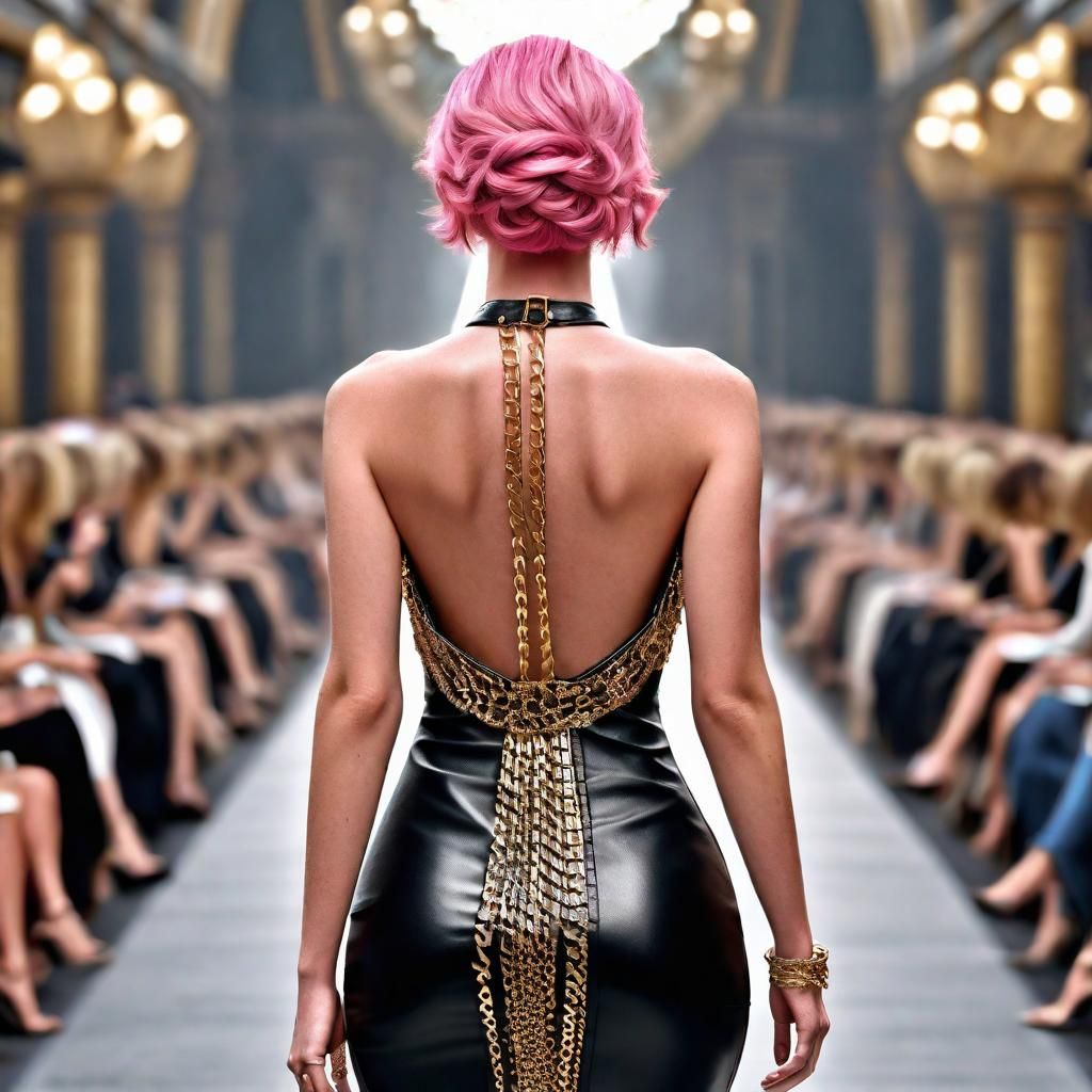 Pink-Haired Model in Leather Dress on Catwalk