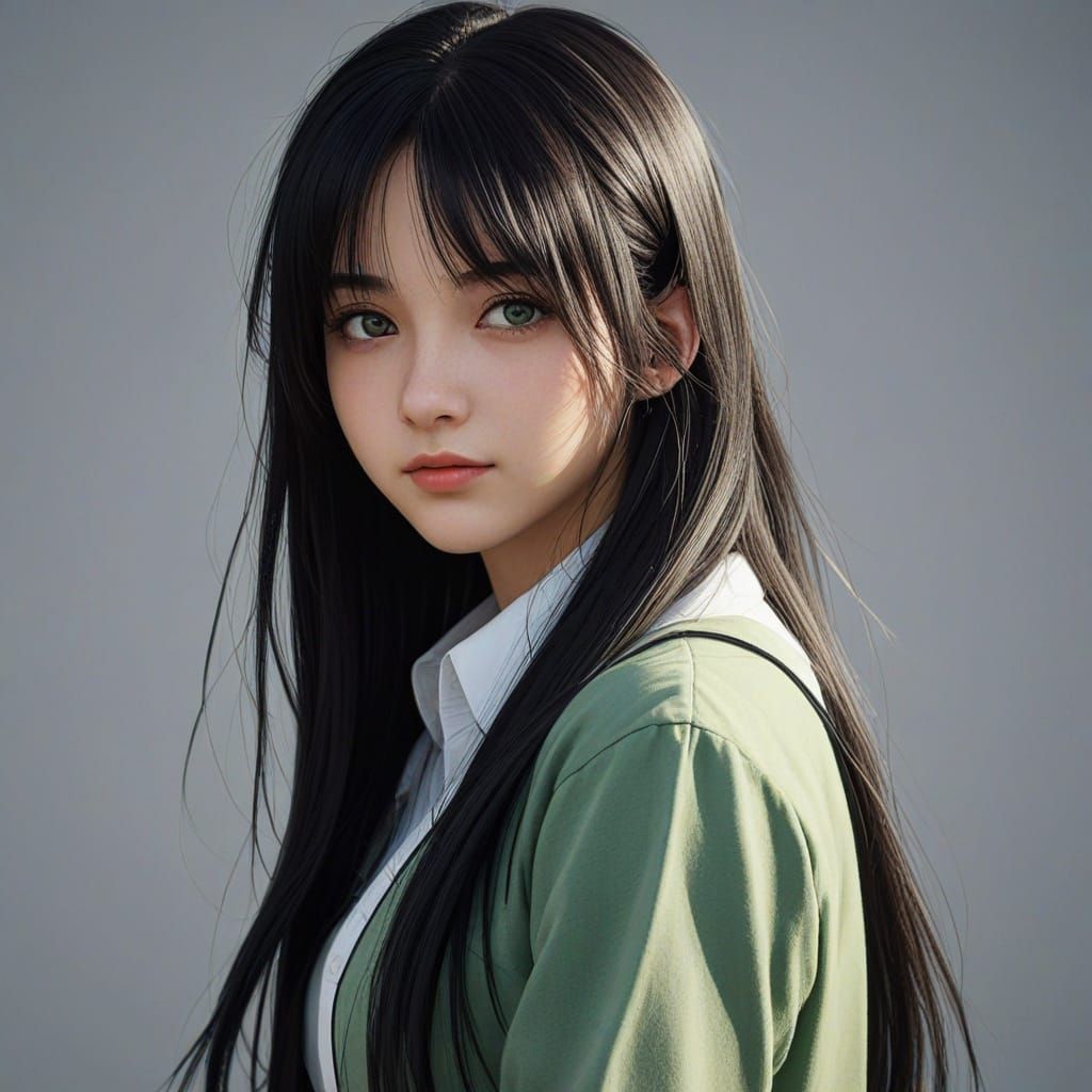 Japanese School Girl in Realistic Anime Style