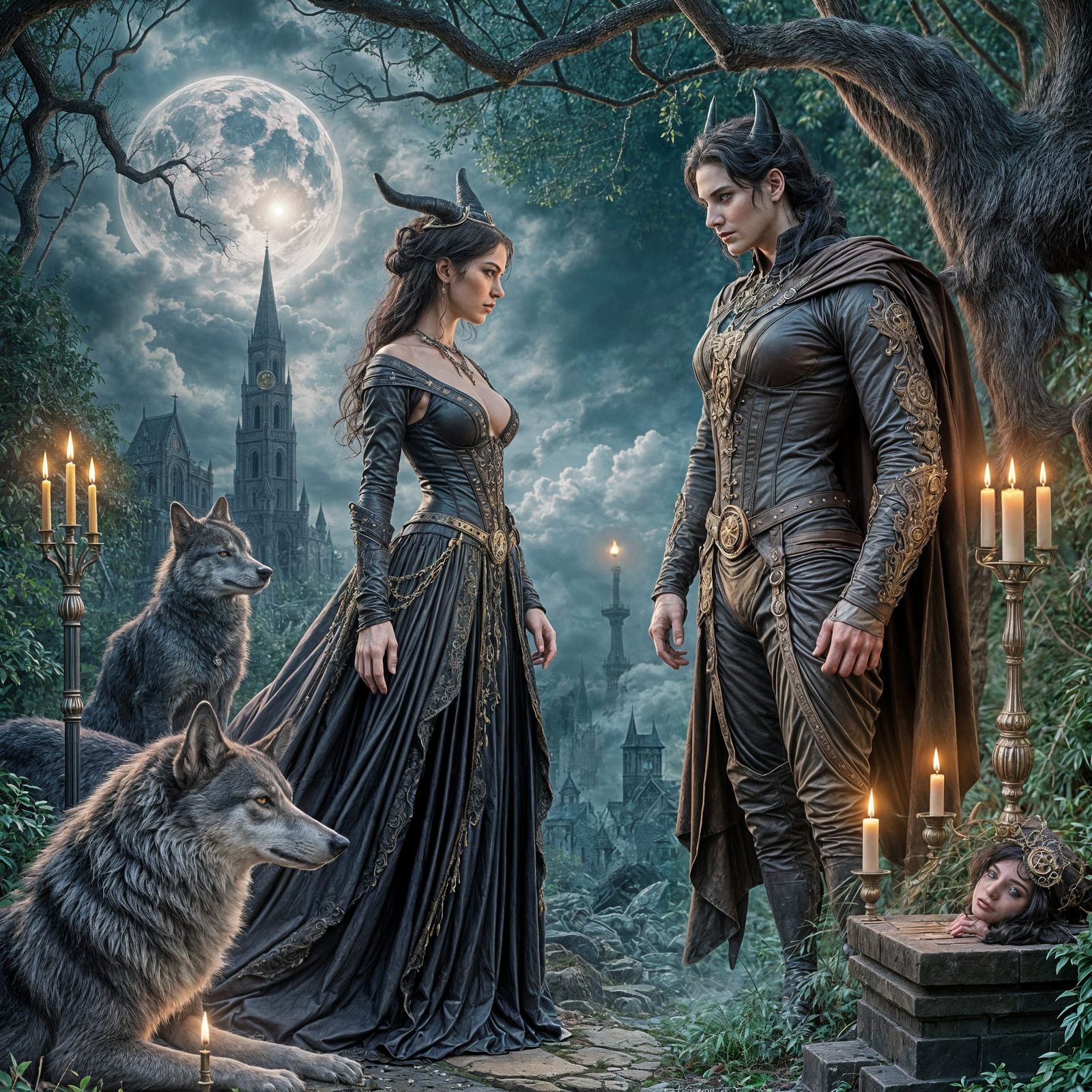 Surreal Steampunk Witch Surrounded by Wolves in Renaissance...