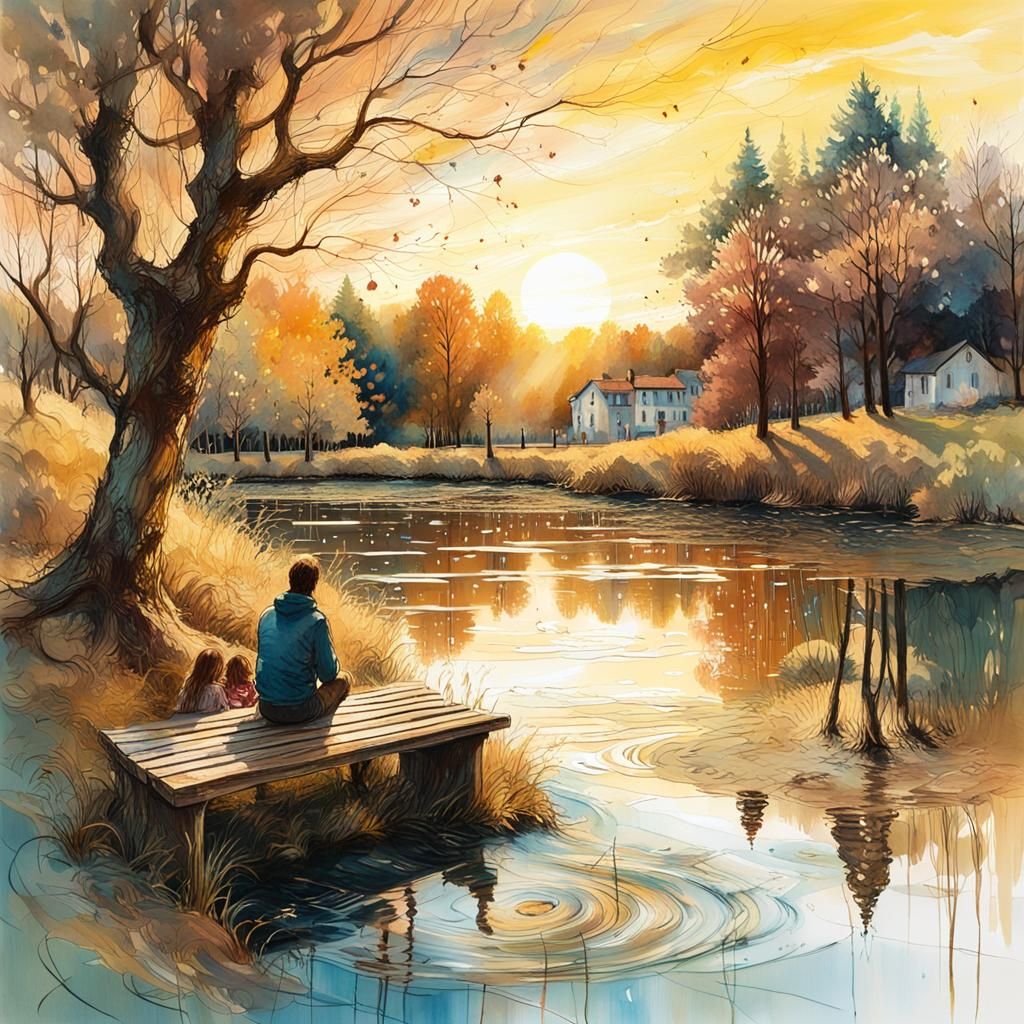 People Watching Sunset in Mixed Media Landscape