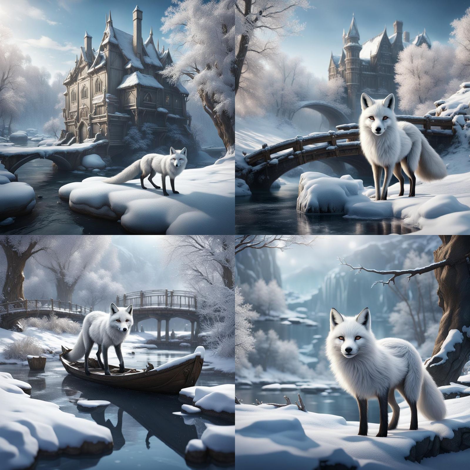 Snowy White Fox in Winter Landscape: Detailed Matte Painting