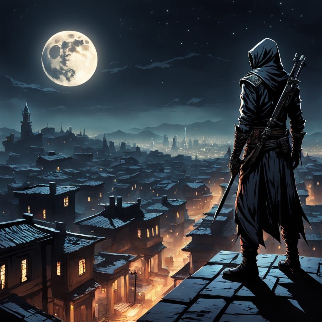 Midnight Assassin Stands Under Full Moon