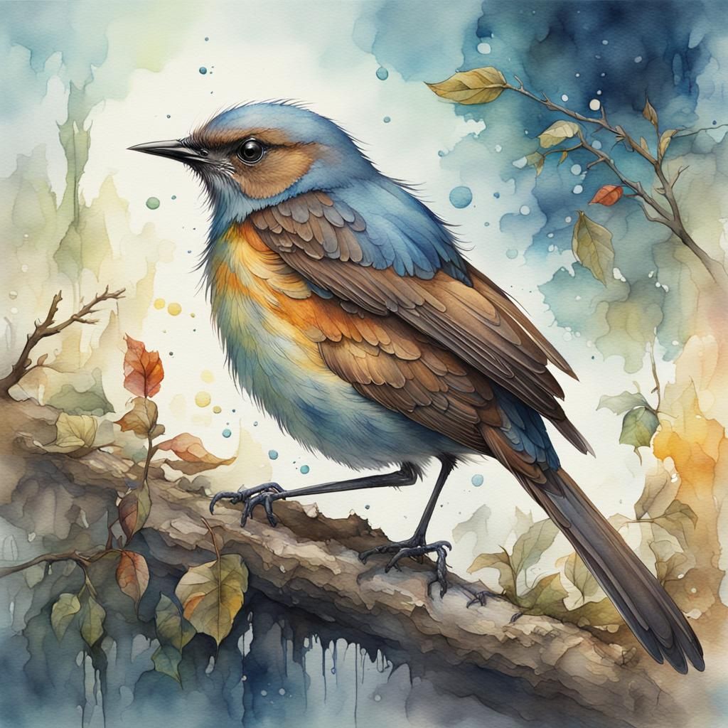 Colorful Nightingale in Flight, Watercolor Painting