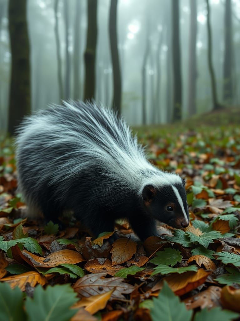 A Skunk Emerges from Foggy Forest Depths