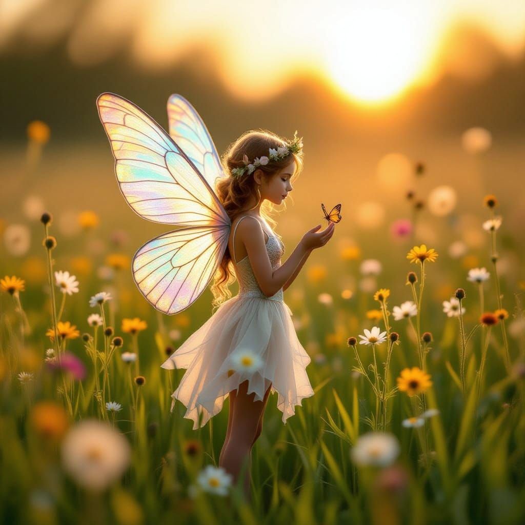 Ethereal Fairy in Sunlit Meadow, Pre-Raphaelite Style