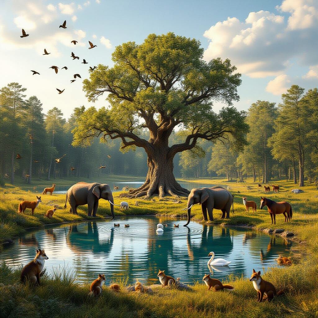 Hyperrealistic Forest Pond with Diverse Wildlife