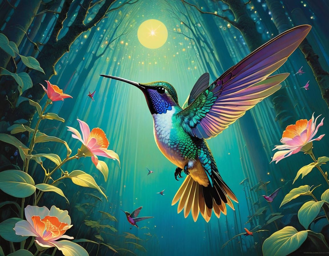 Humming Bird in Vibrant, Layered Composition