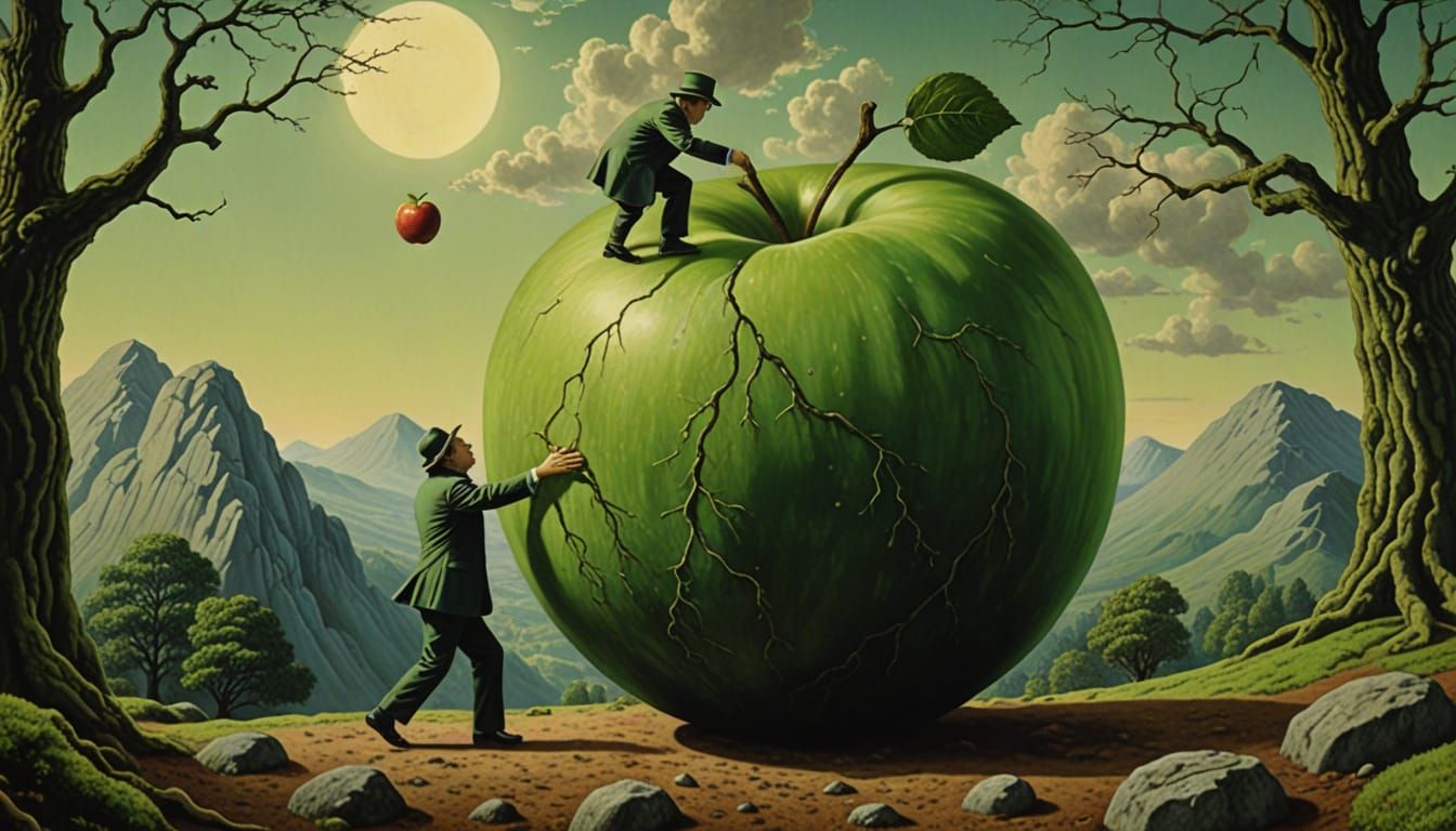 Surreal Magritte-Inspired Masterpiece of Sisyphus with a Gia...