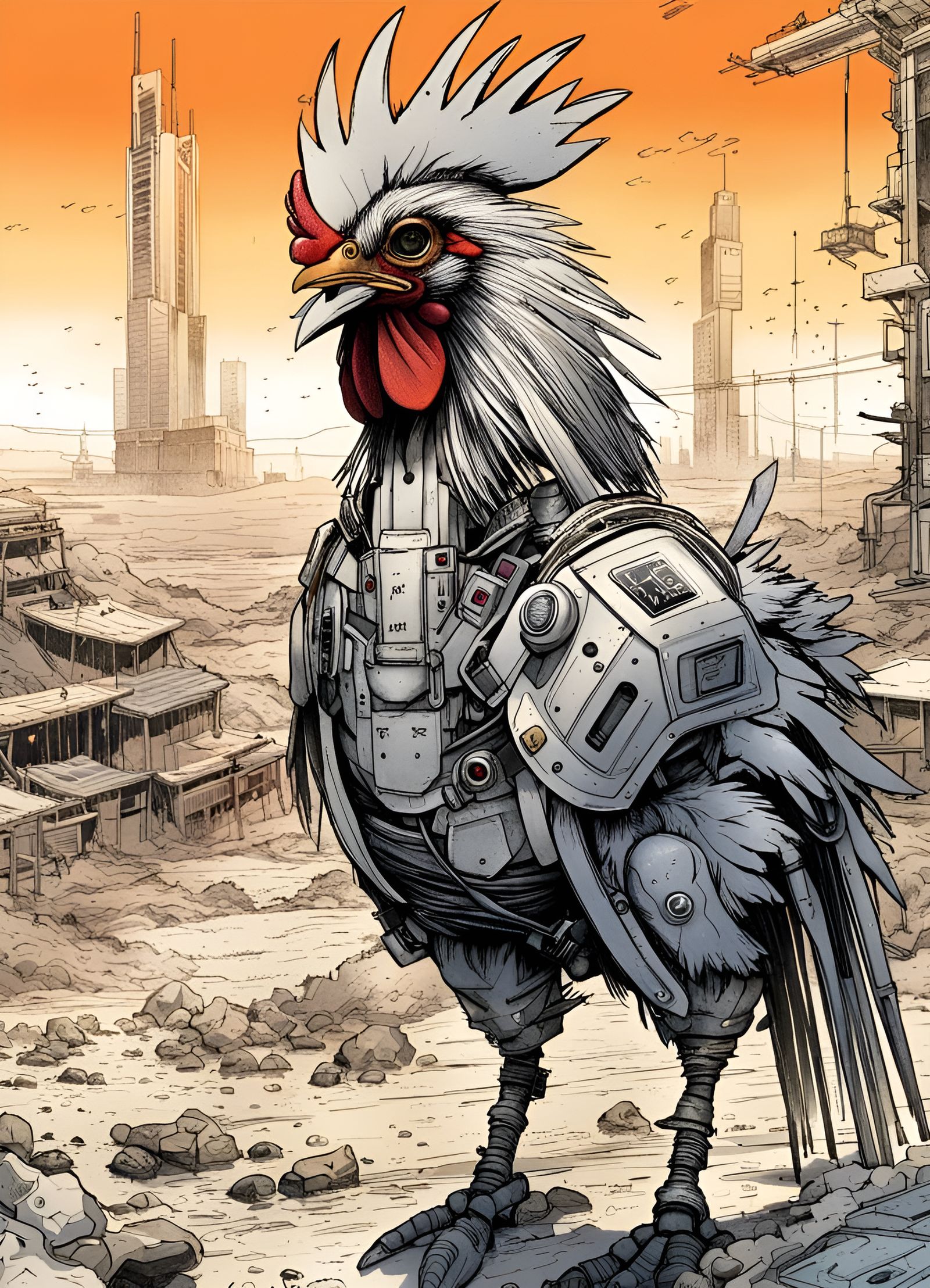 Robotic Rooster in Post-Apocalyptic Neo-Tokyo, Manga Style
