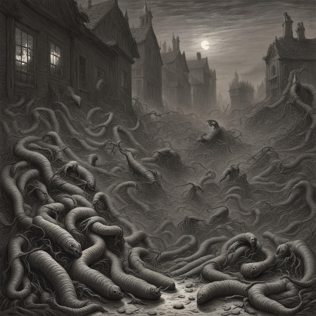 Horrifying Worm Swarm in Dark Fantasy Style
