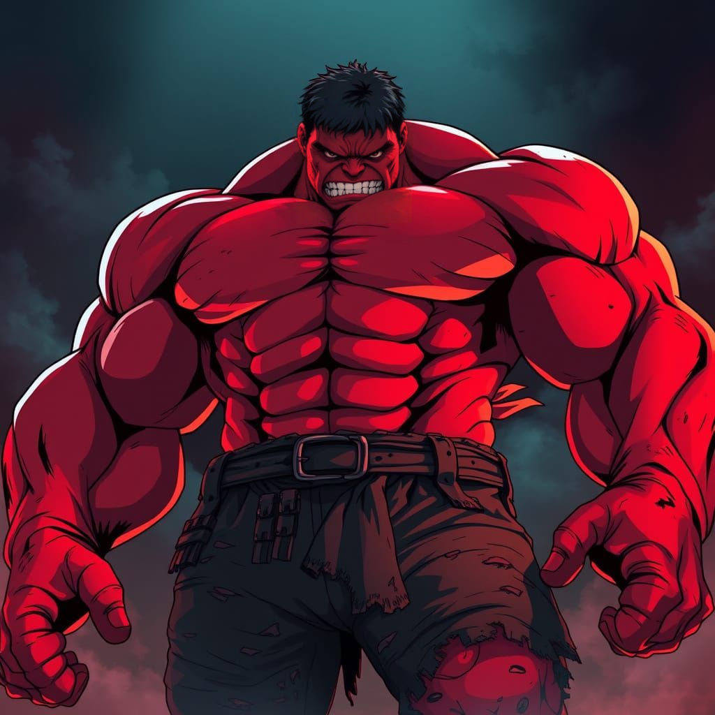 Massive Red Hulk in Heroic Stance, Anime-Inspired