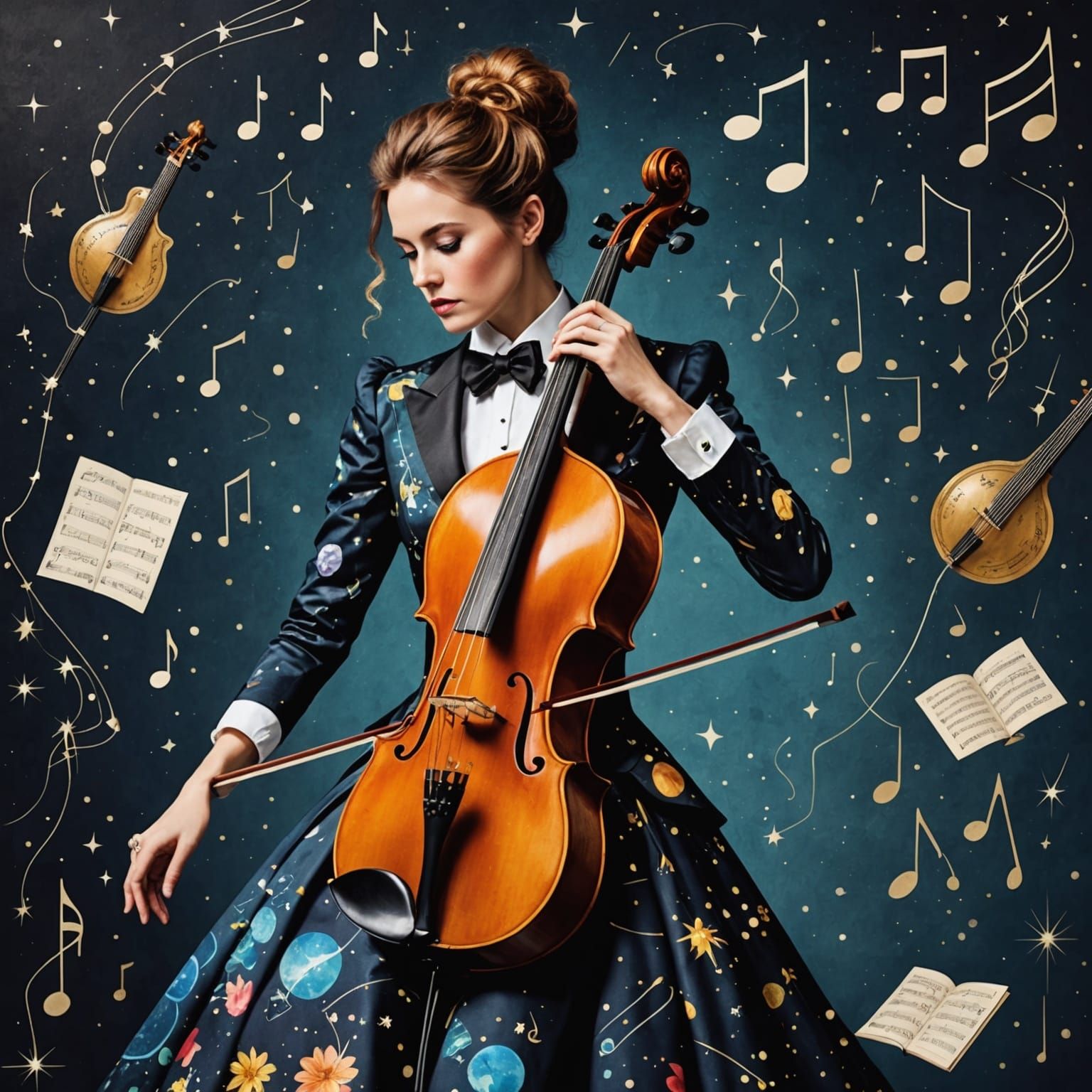 Cosmic Cellist Serenade in Maximalist Style