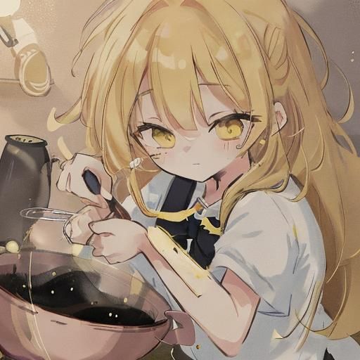 Anime Girl Baking Cake in Whimsical Kitchen