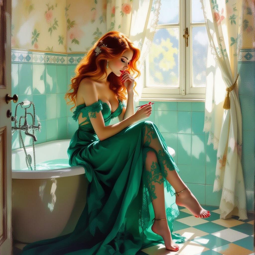 Painting Toenails in a French Bathroom, Impressionistic Styl...