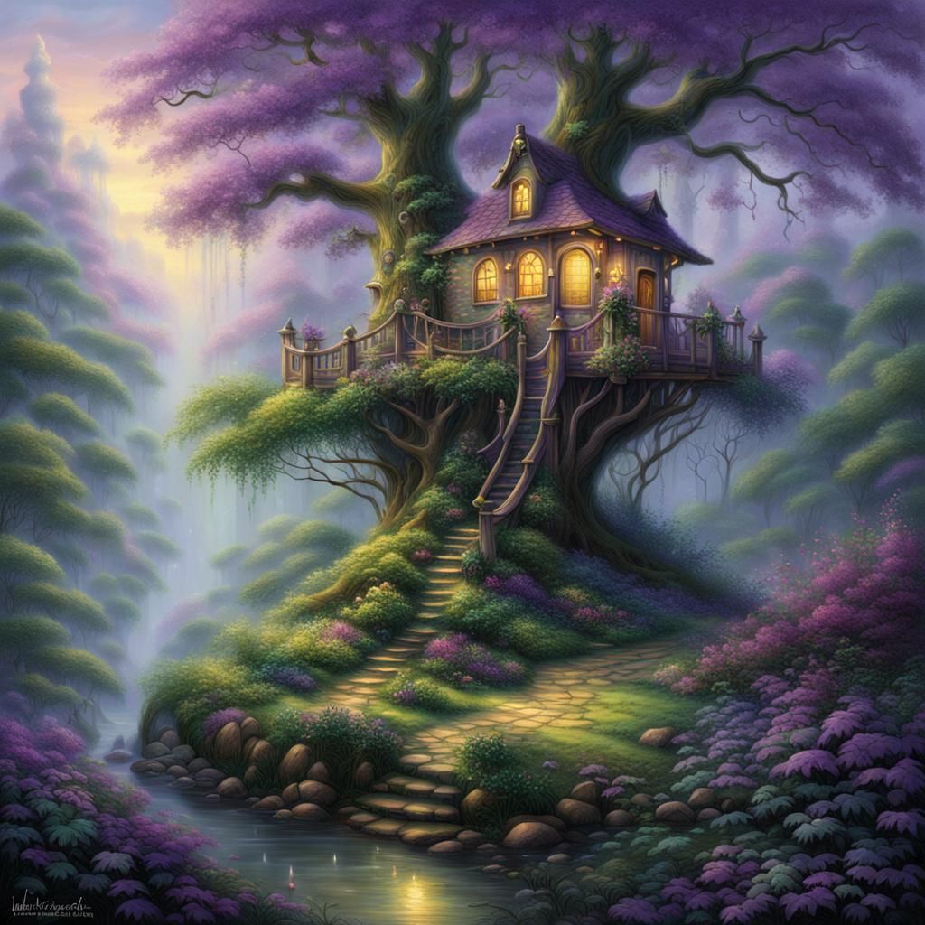 Mystical Treehouse in Ethereal Purple Forest