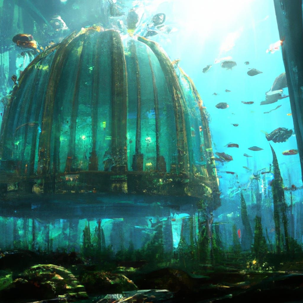Underwater Babylonian City in Glass Dome, Hyperrealistic Pho...
