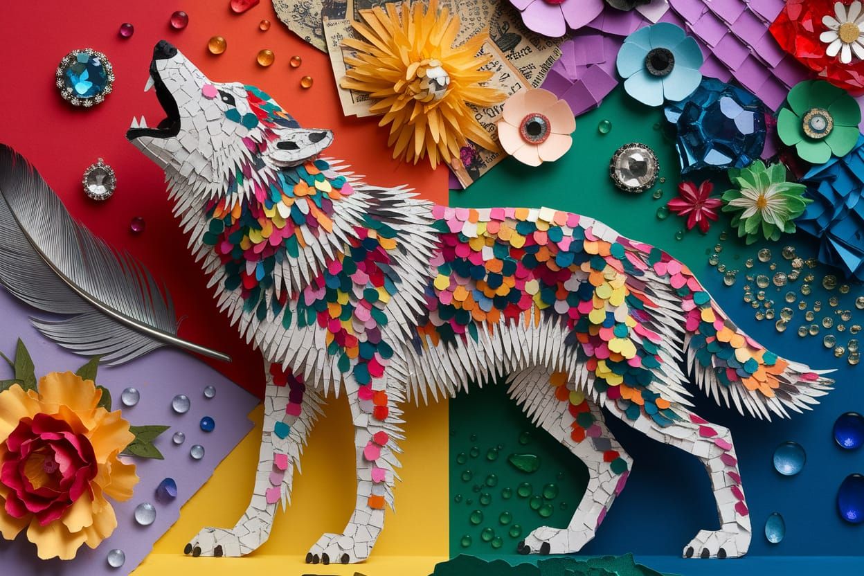 Vivid Paper Collage of Howling Wolf Attack