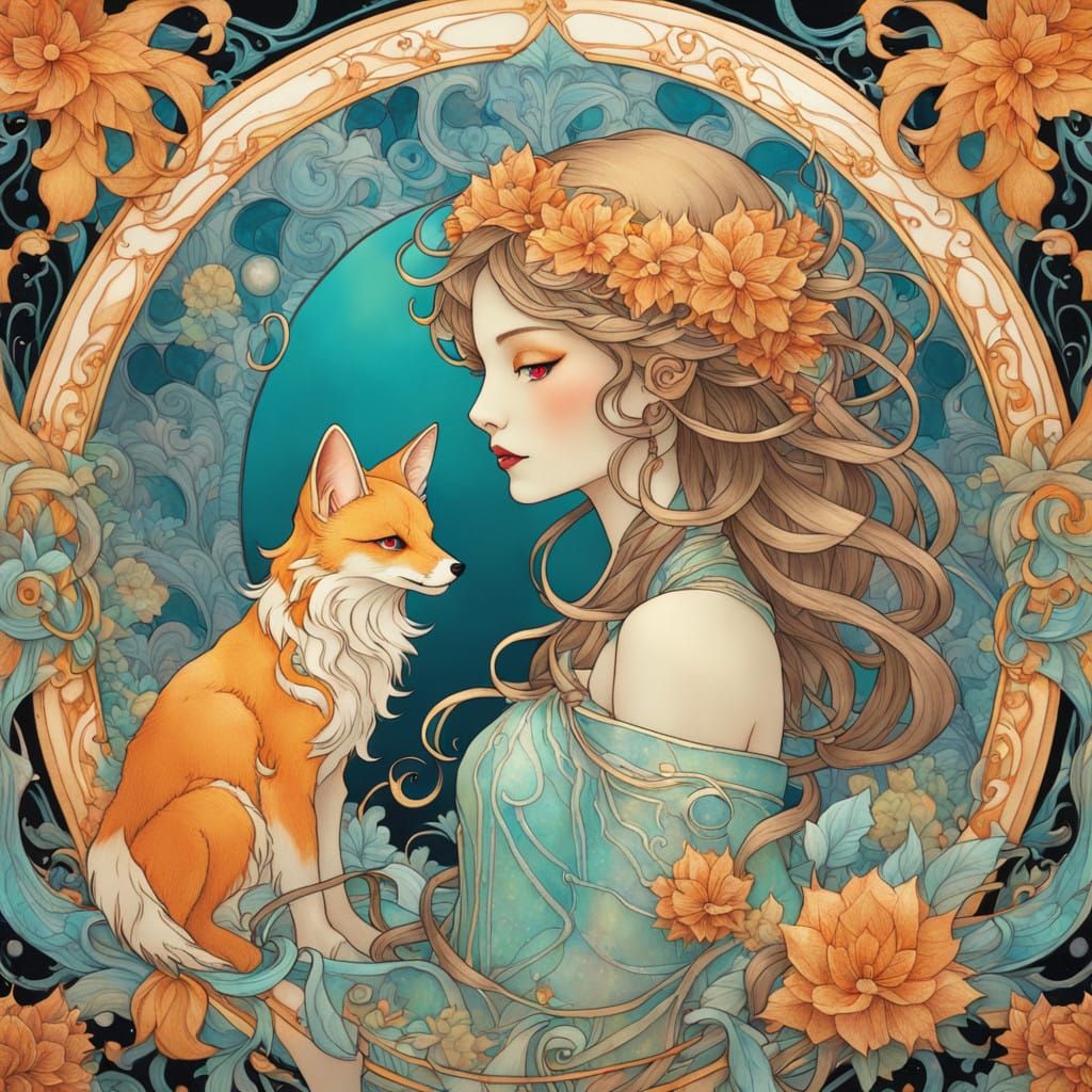 Sleek Kitsune in Vibrant Stained Glass Wonderland