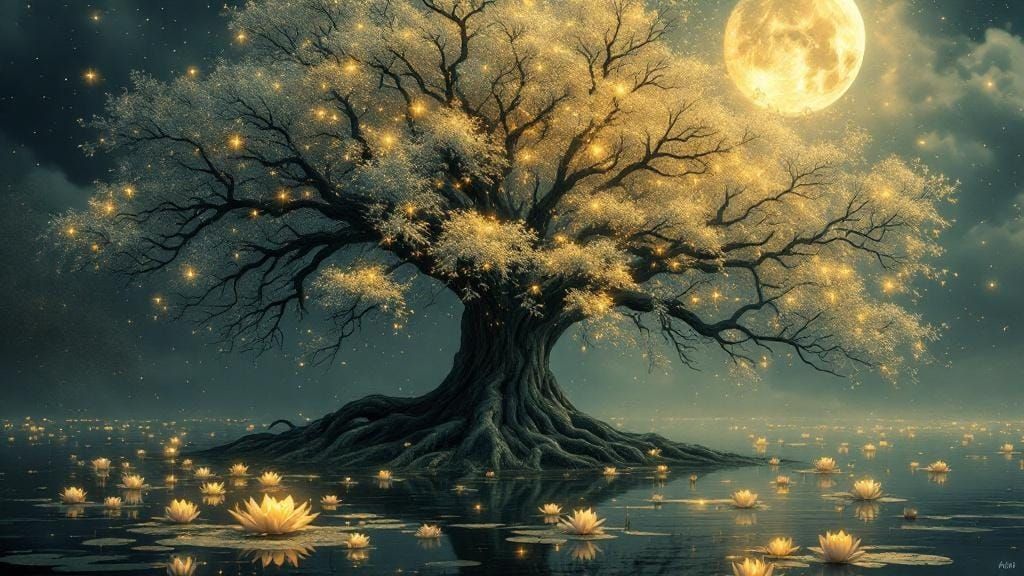 Moonlit Tree with Starry Leaves in Digital Art