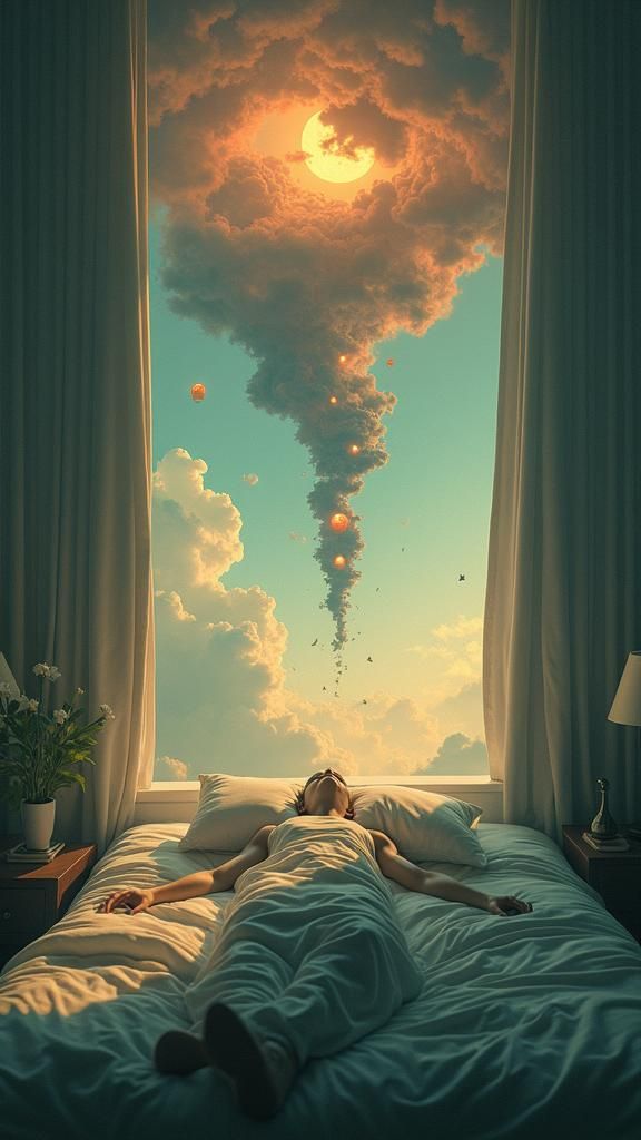 Surreal Dreamscape Above a Sleeping Figure