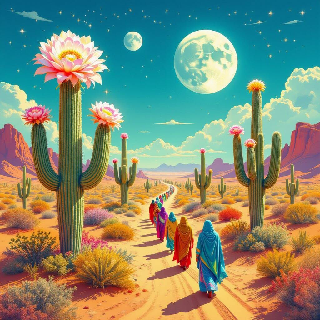Surreal Desert with Crystalline Cacti and Light Flowers