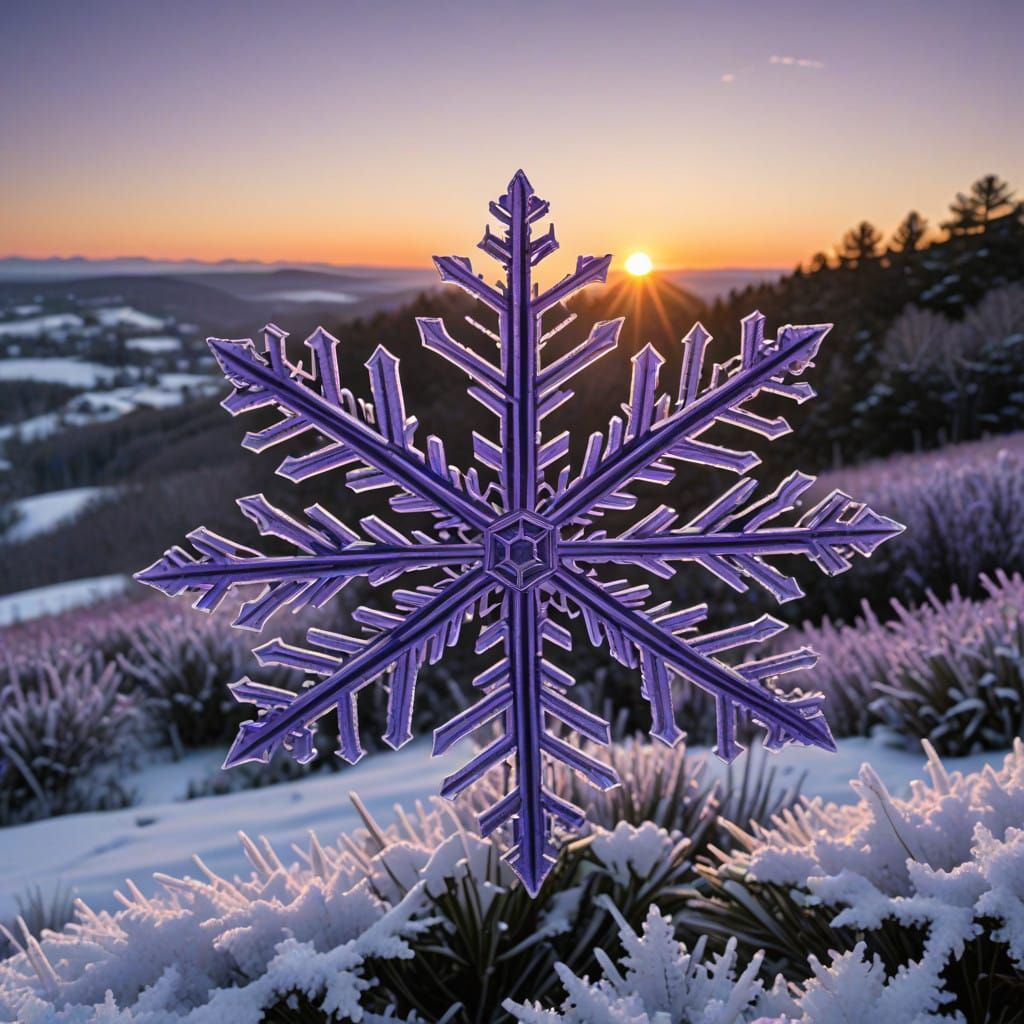 Surreal Morning Landscape Depicting a Crystal Snowflake in V...