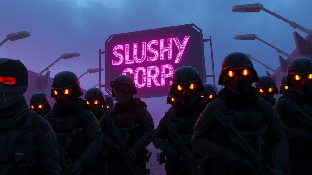 Futuristic Dystopian Military Base in Neon-Lit Twilight