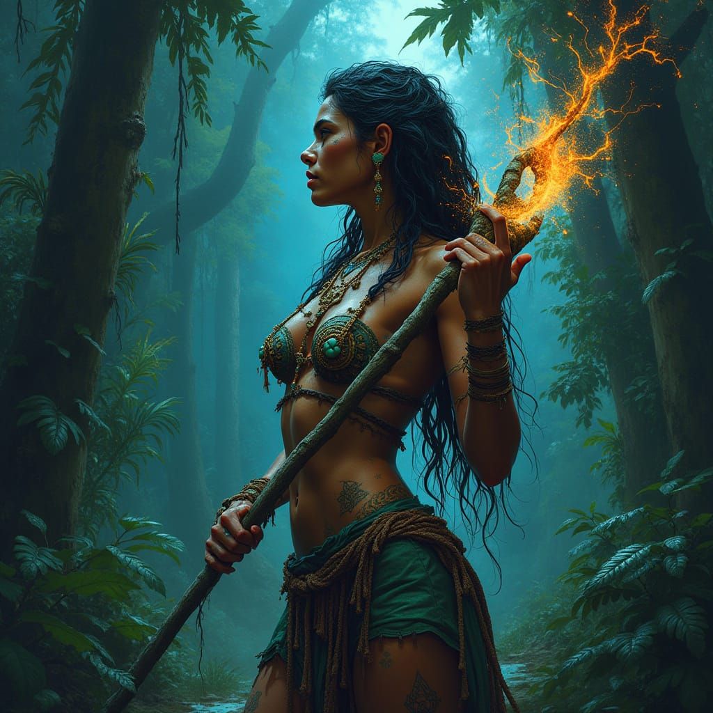 Amazonian Warrior with Luminous Flora in Dark Fantasy Style
