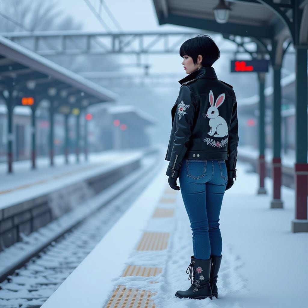 Woman on Snowy Platform in Anime Style