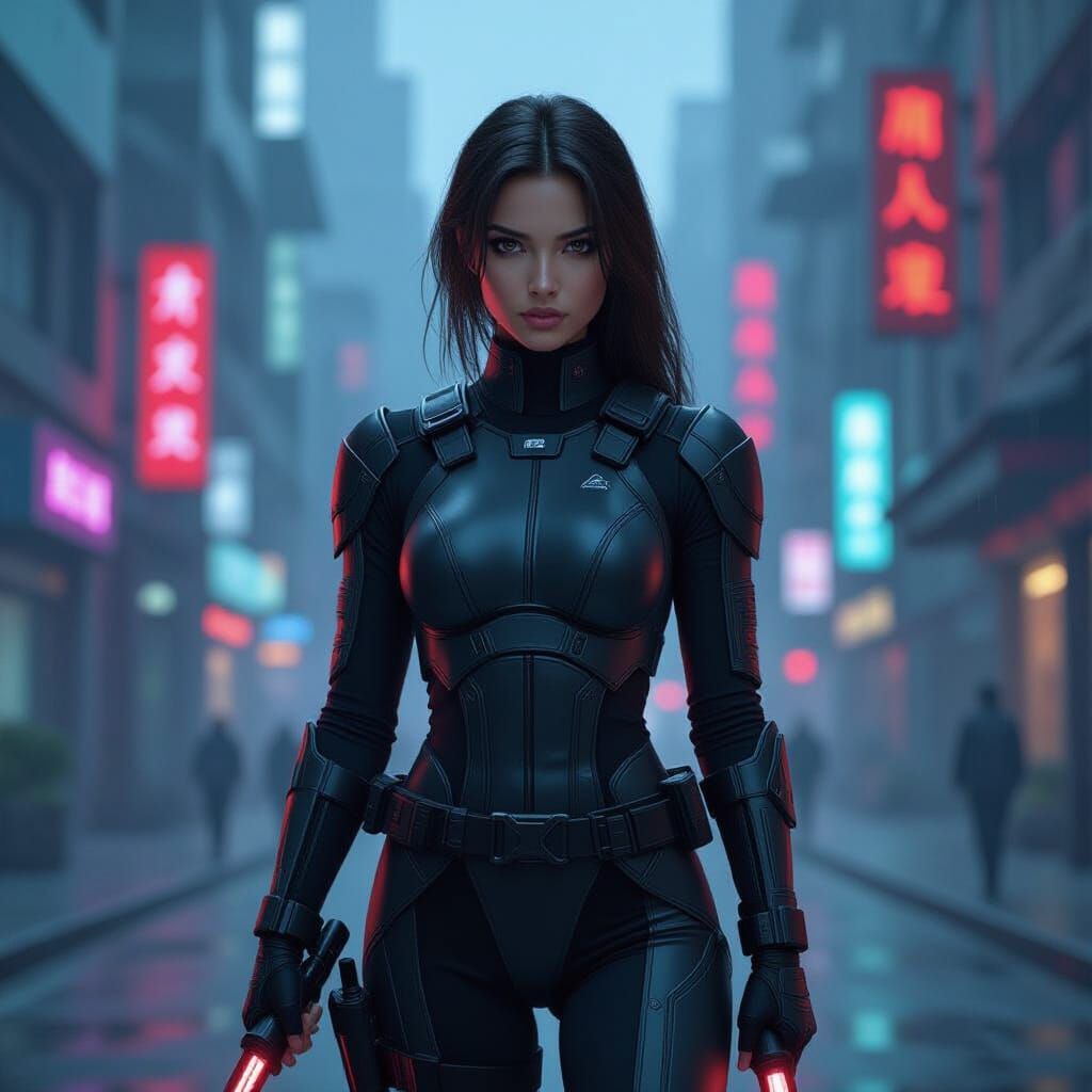 Cyberpunk Brunette Assassin in Neon Cityscape