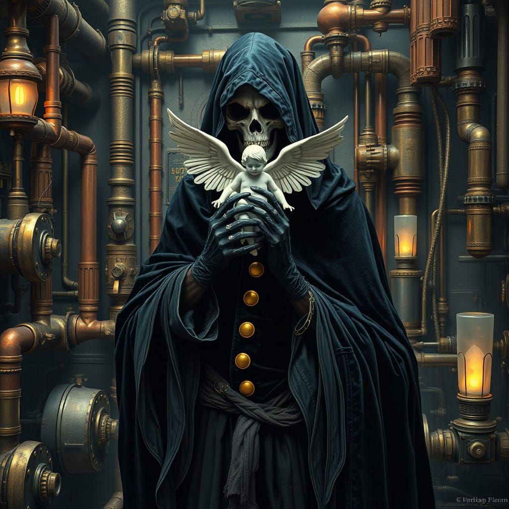 Grim Reaper Holding an Angel in a Steampunk Engine Room