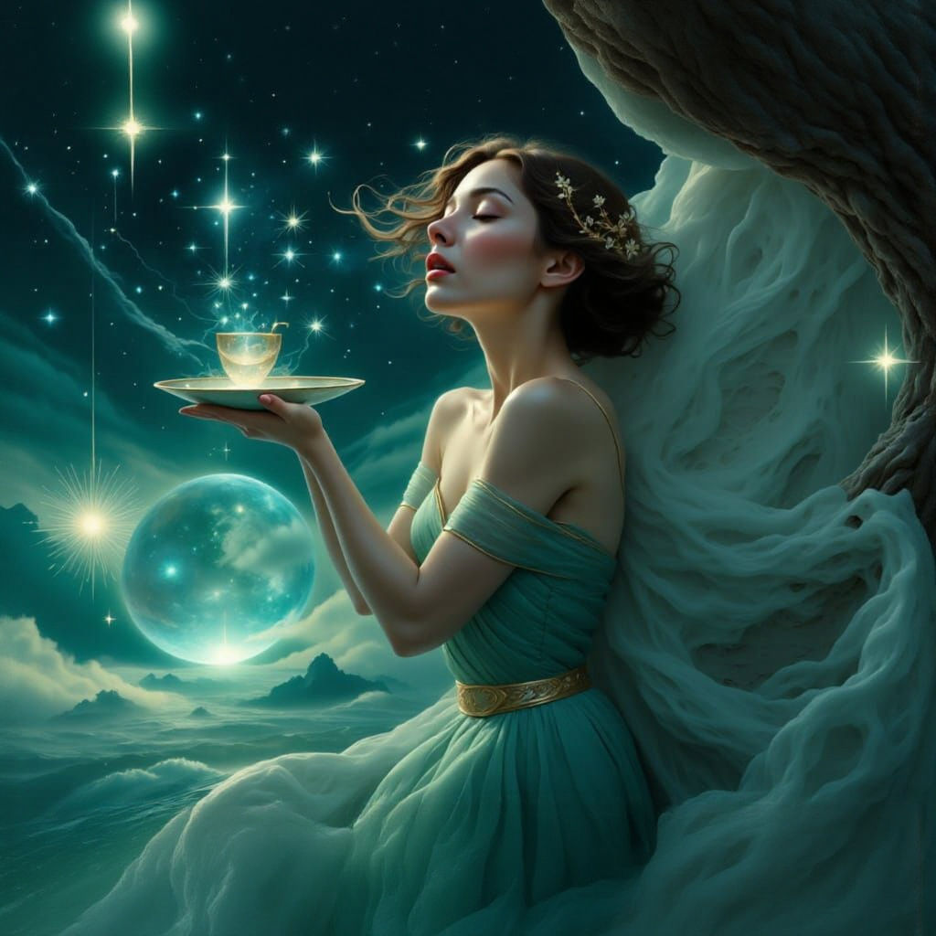 Morning coffee, a teal surreal woman