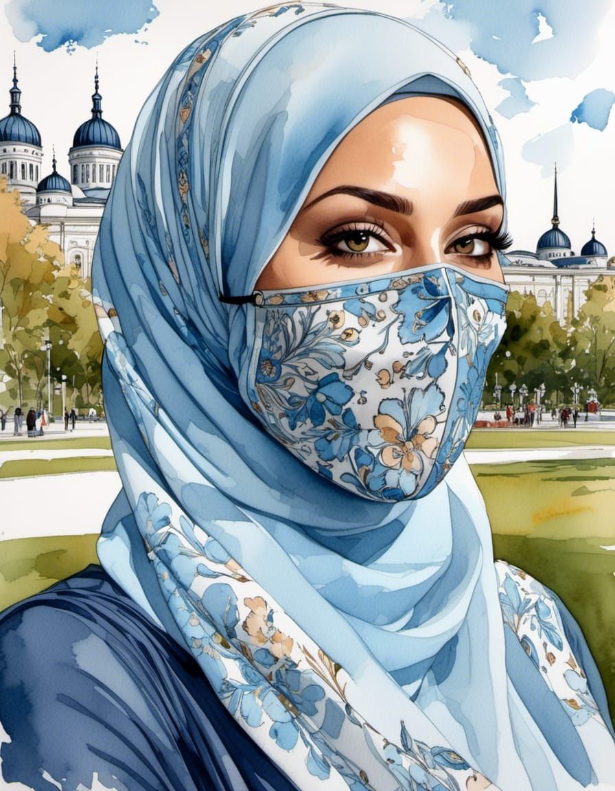 Watercolor Portrait of Woman with Facemask in Park