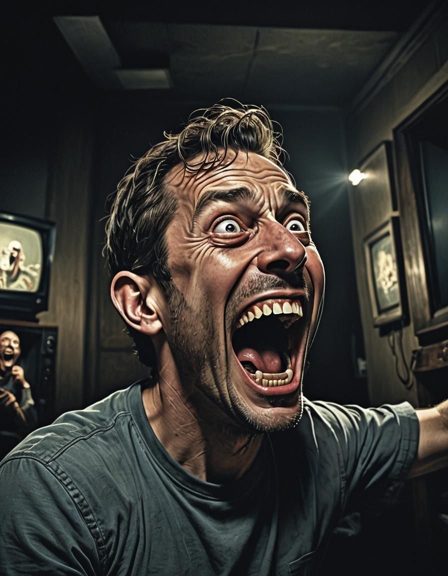 Joyful Man in Dark Room: Grotesque Cartoon