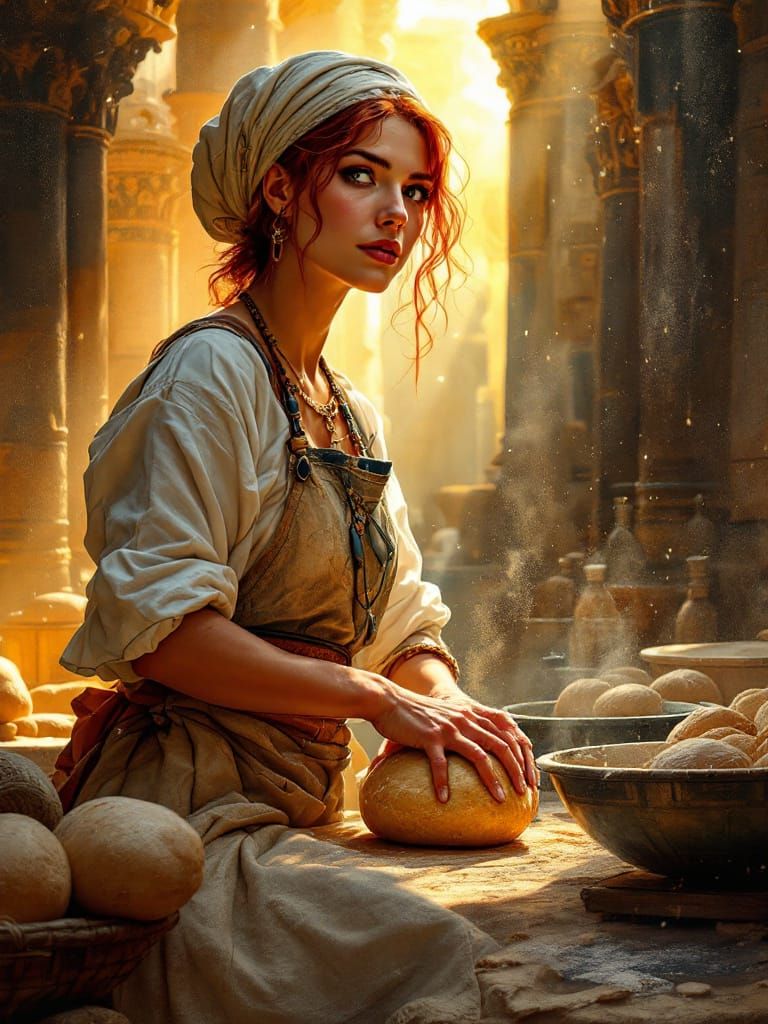 Redhead Baker Kneading Dough in Ancient Egyptian Kitchen