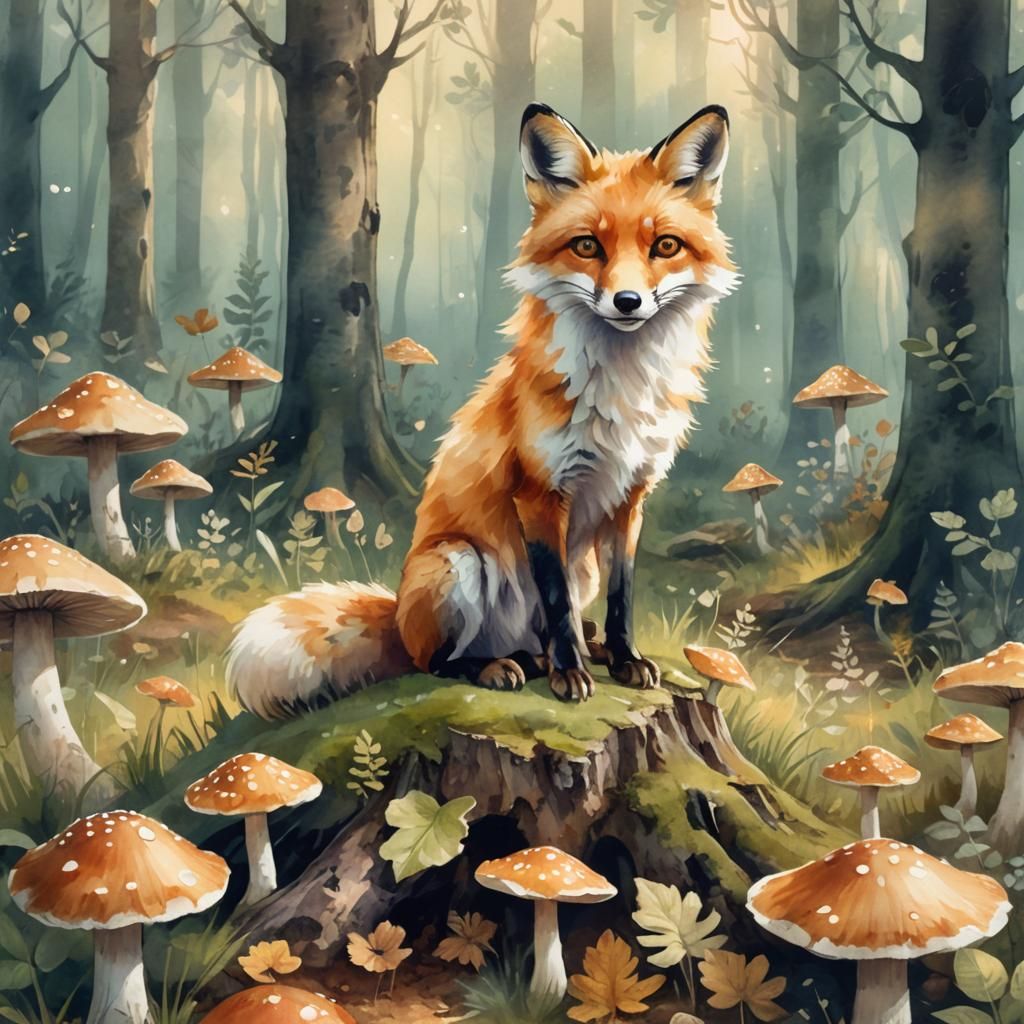 Cute Fox on Mushroom in Forest, Watercolor Style