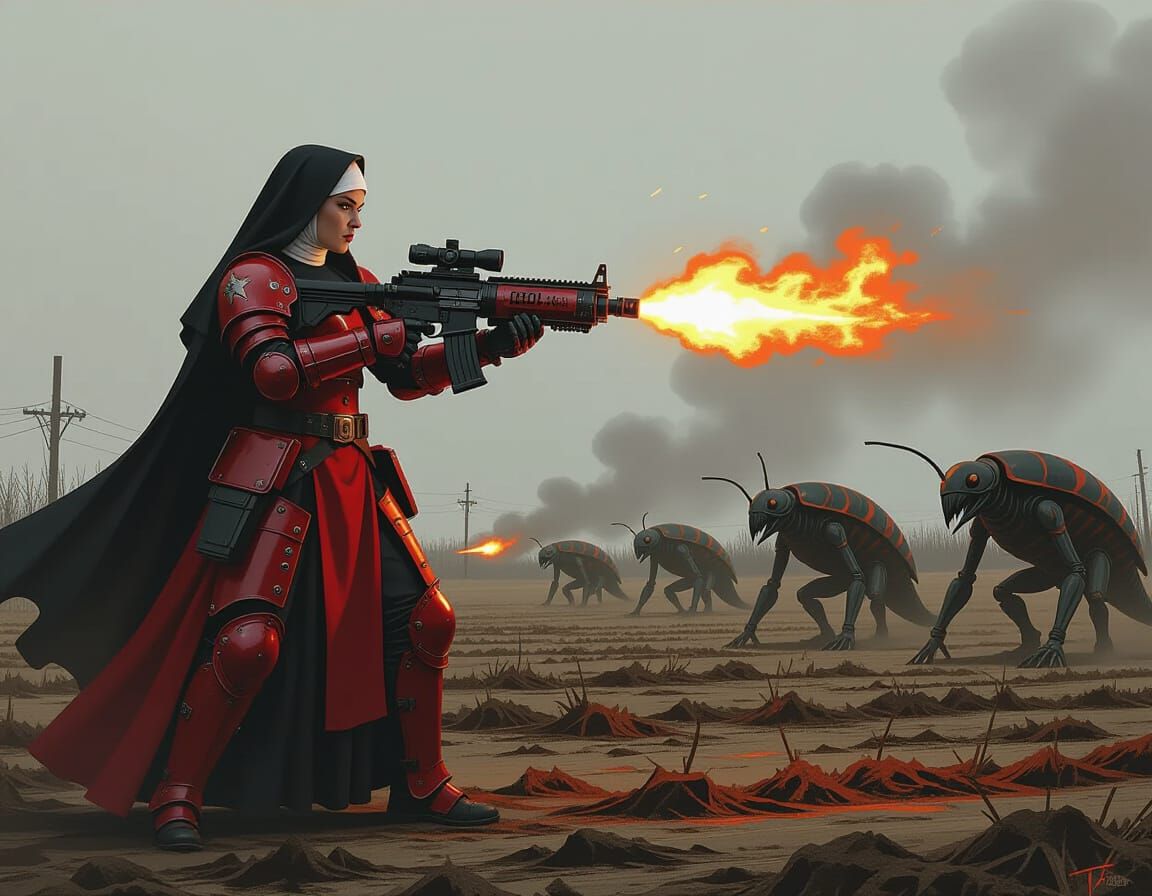 Nun in Power Armor Fights Reptilian Monsters with Flamethrow...
