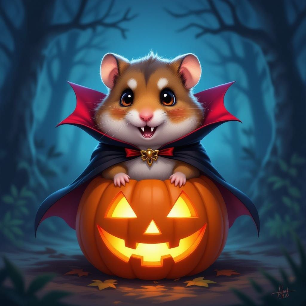 Cute Vampire Hamster on Glowing Jack-o'-Lantern