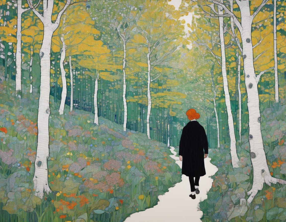 Woman Strolling Through a Vibrant Spring Forest in an Impres...