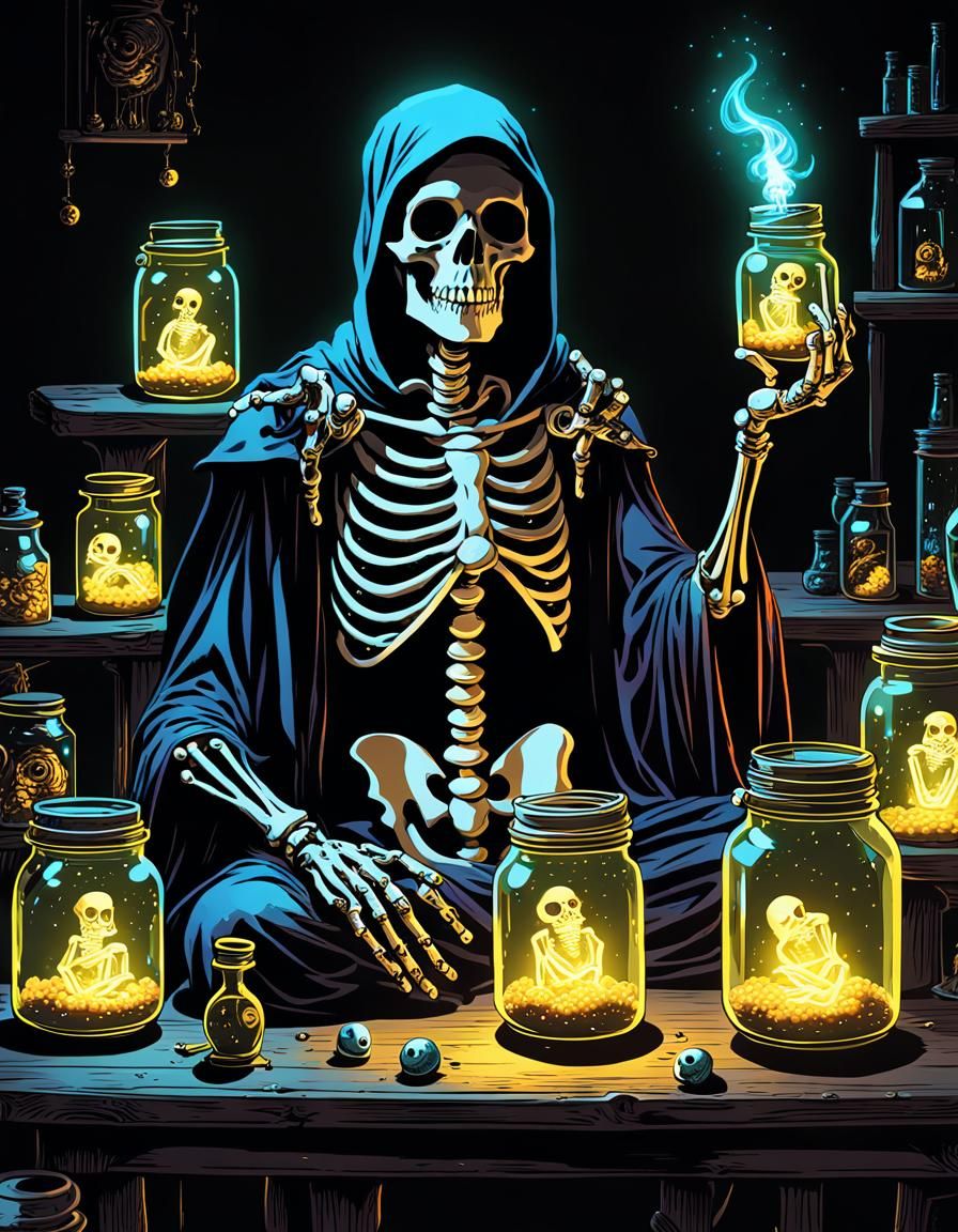 Skeleton Sorcerer Shivering with Magic in Dark CGI Style