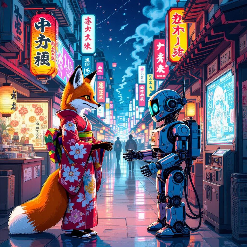 Fox Negotiates with Robot in Cyberpunk Bazaar