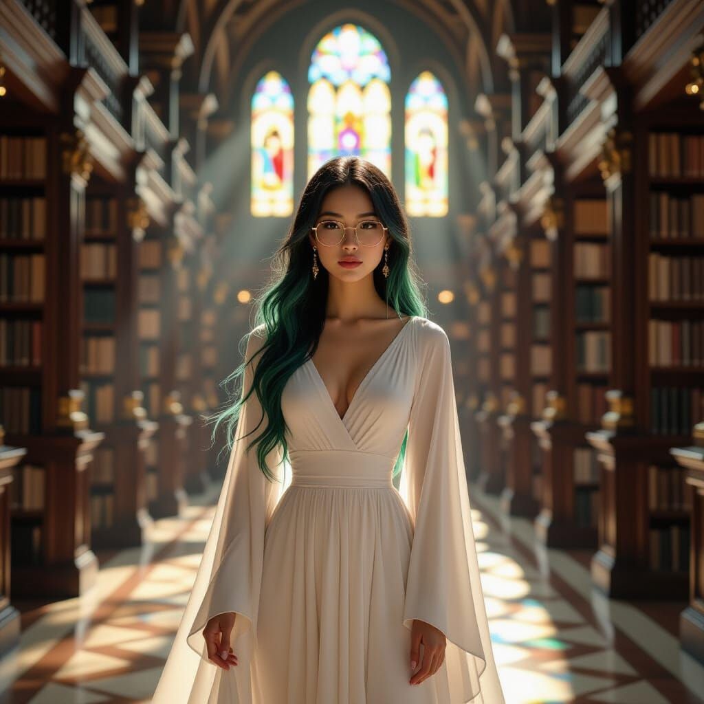 Asian Woman in Library: Cinematic Still
