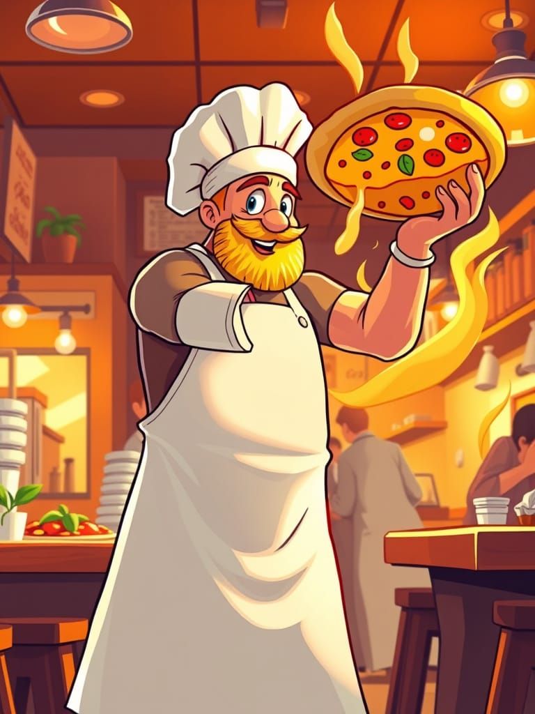 Golden Pizza Baller in a Bustling Pizzeria