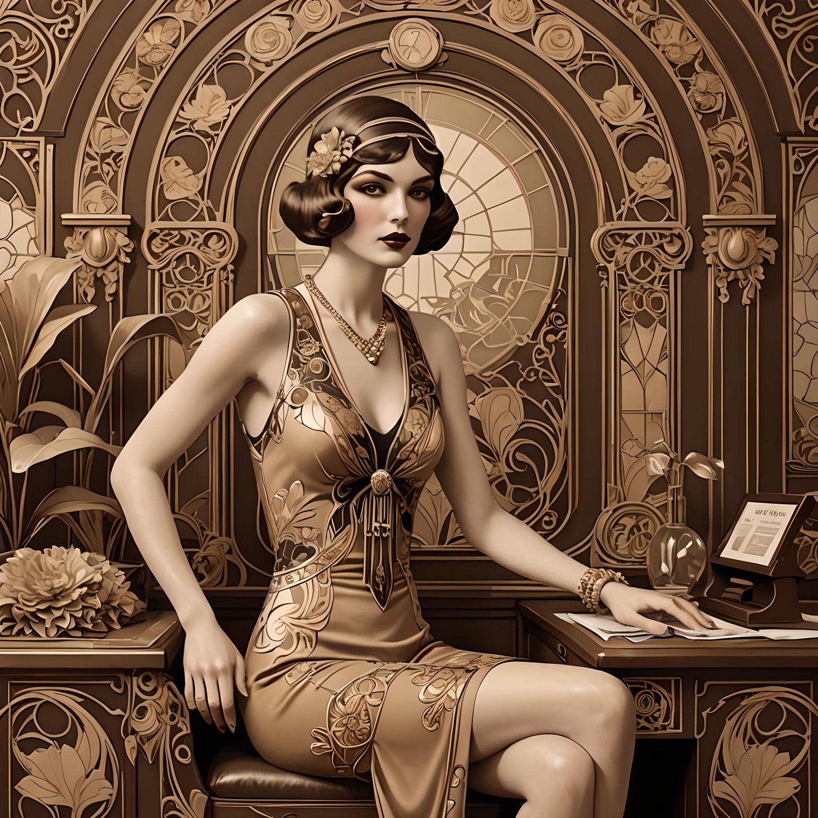 Art Nouveau Fashion Magazine Cover in Sepia