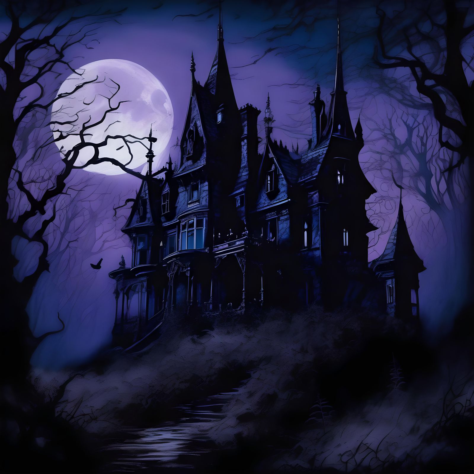 creepy haunted house by Arthur Rackham and Tim Burton