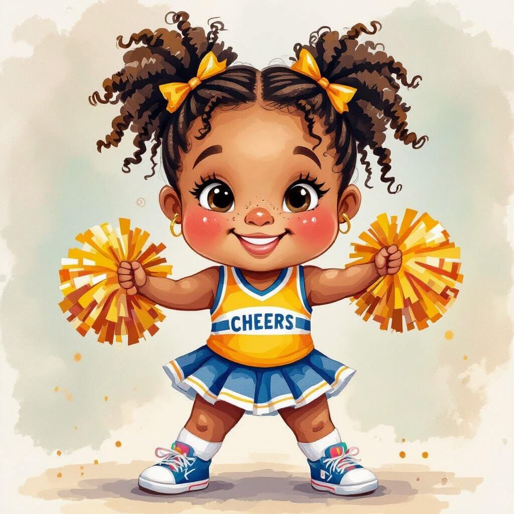 Cheerleader with Pompoms in Wet-on-Wet Watercolor Style