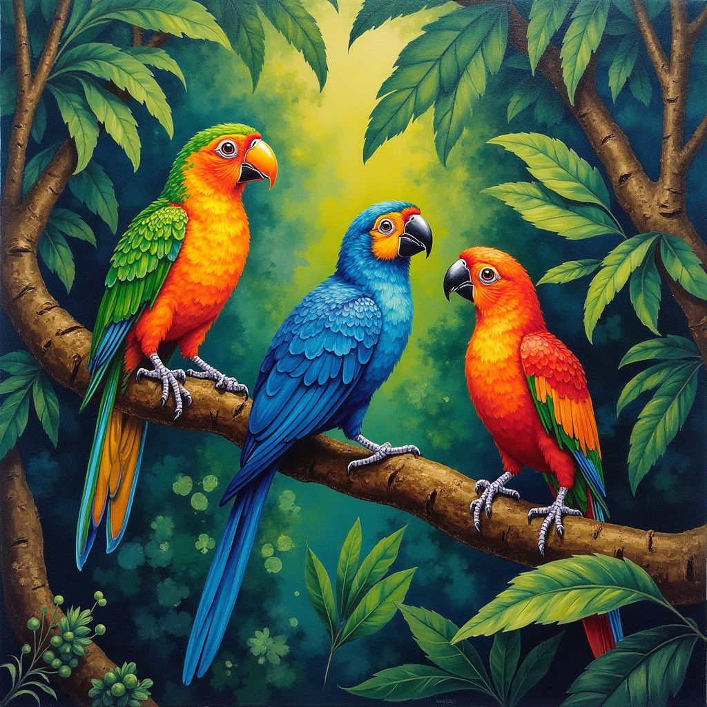 Exotic Birds in Lush Forest, Dreamlike Art