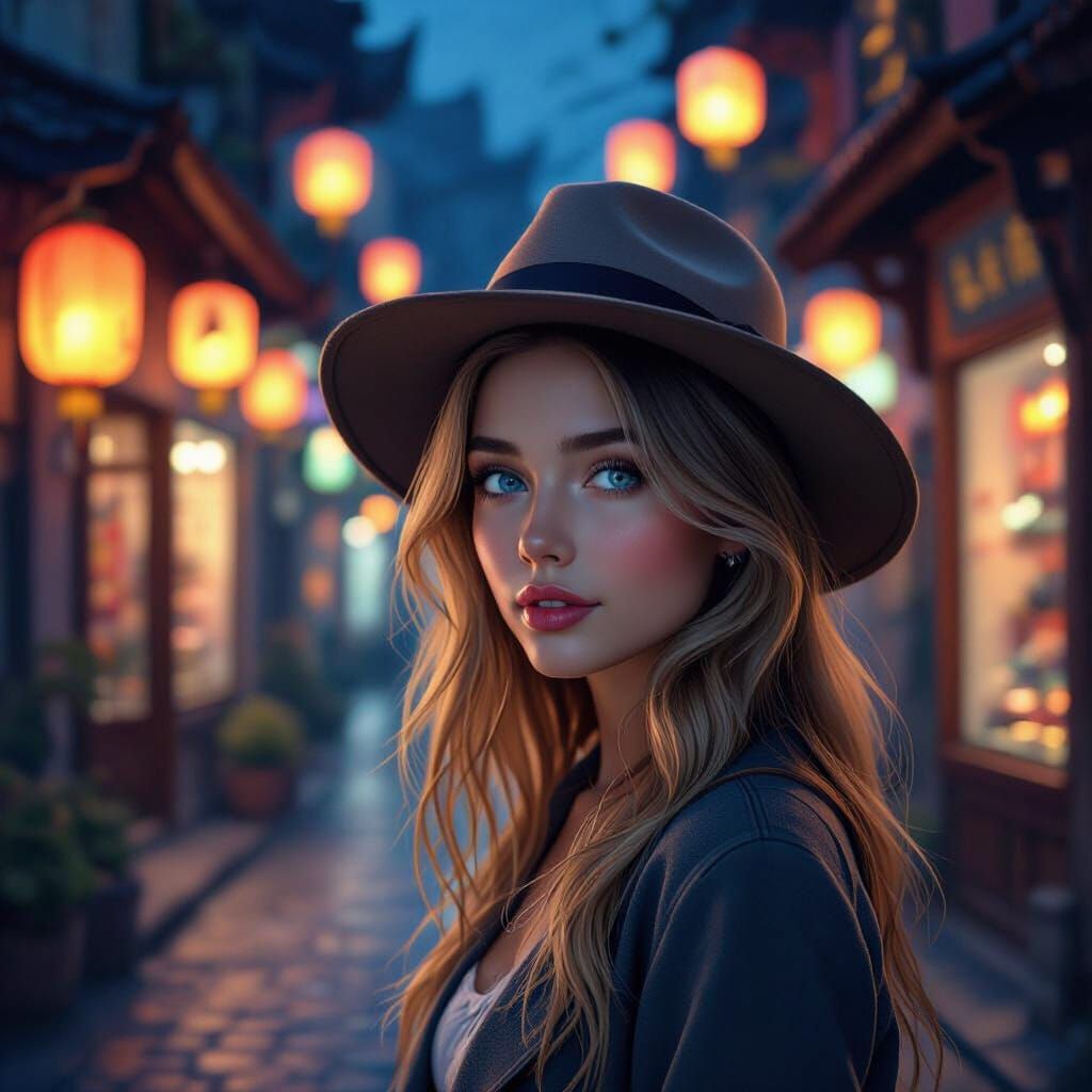 Woman in Hat at Night Street Scene