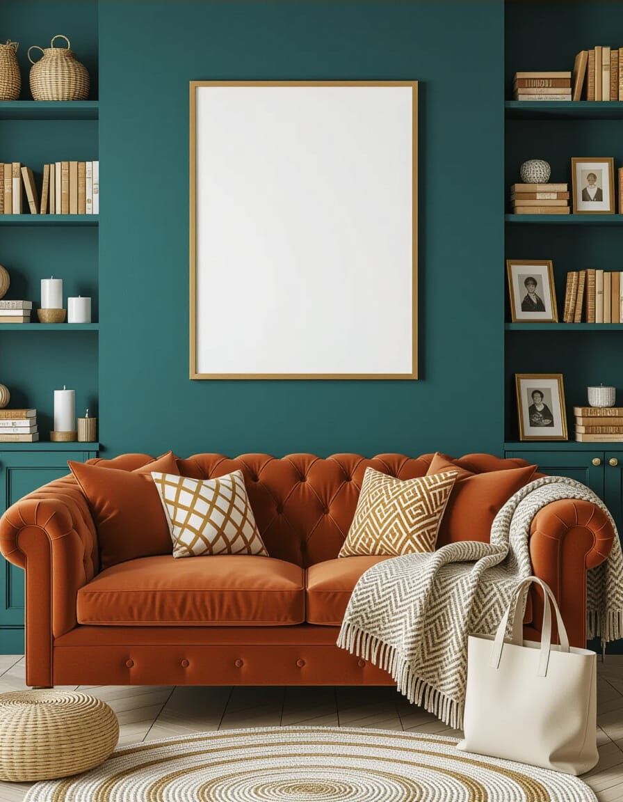 Cozy Living Room with Poster in Brass Frame
