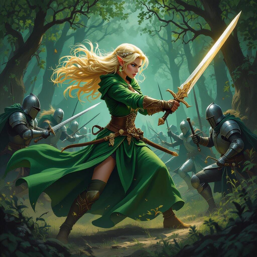 Elf Swordswoman Battles Knights: Epic Fantasy Art